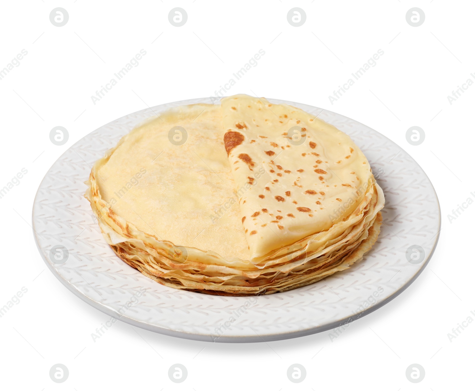 Photo of Stack of delicious crepes isolated on white