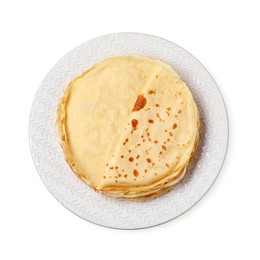 Photo of Stack of delicious crepes isolated on white, top view