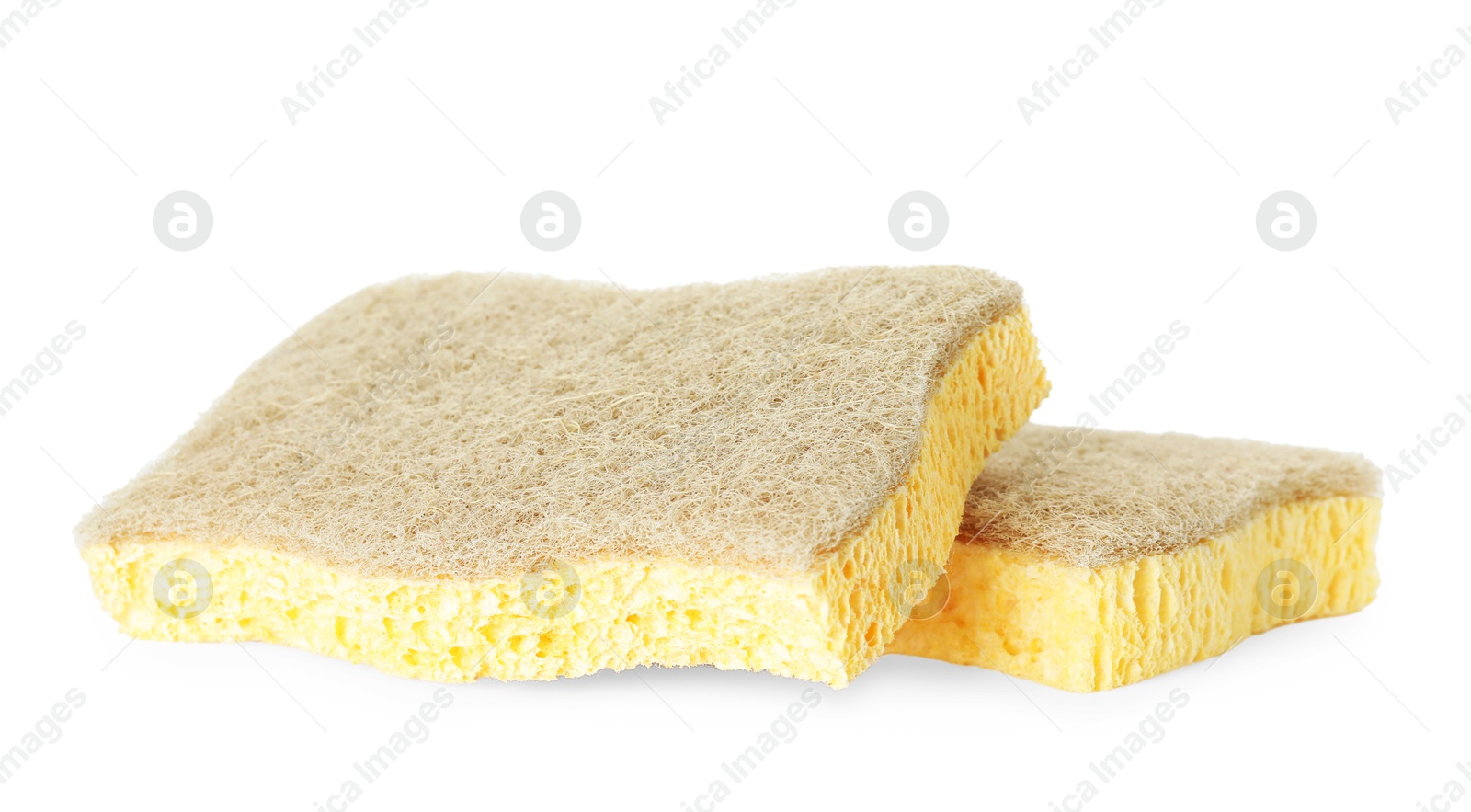 Photo of Two yellow sponges isolated on white. Cleaning supply