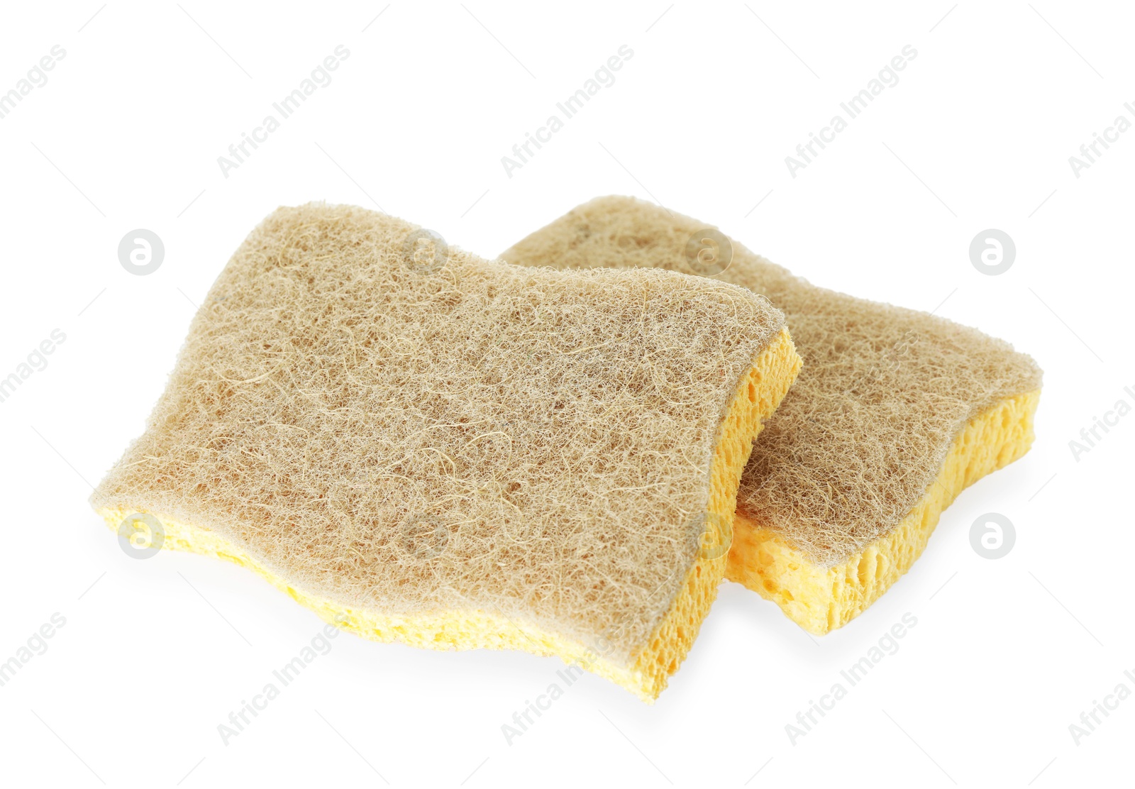 Photo of Two yellow sponges isolated on white. Cleaning supply