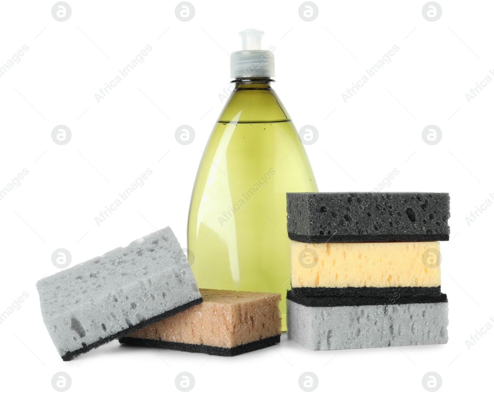 Photo of Soft sponges and dish soap isolated on white