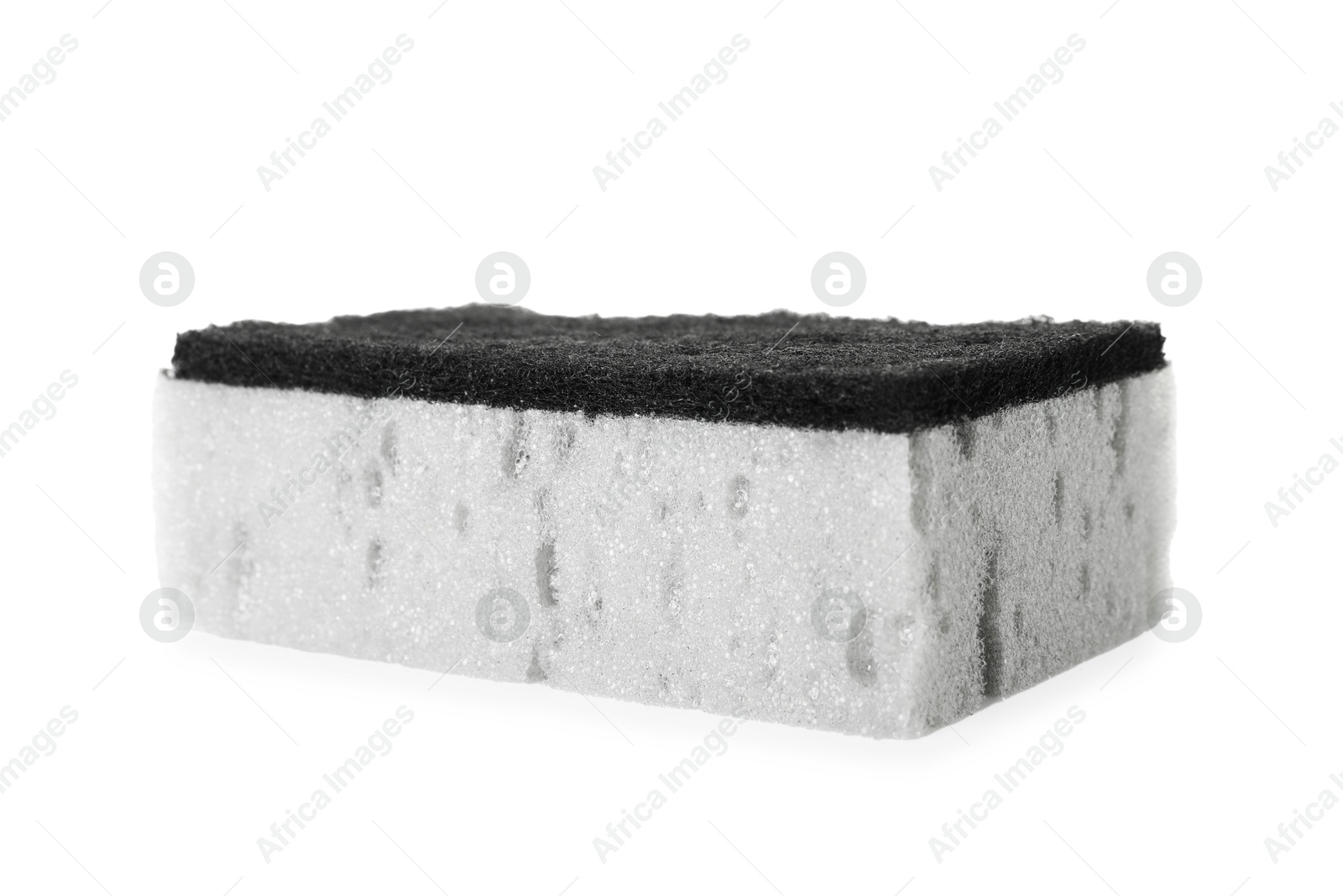 Photo of One grey sponge isolated on white. Cleaning supply