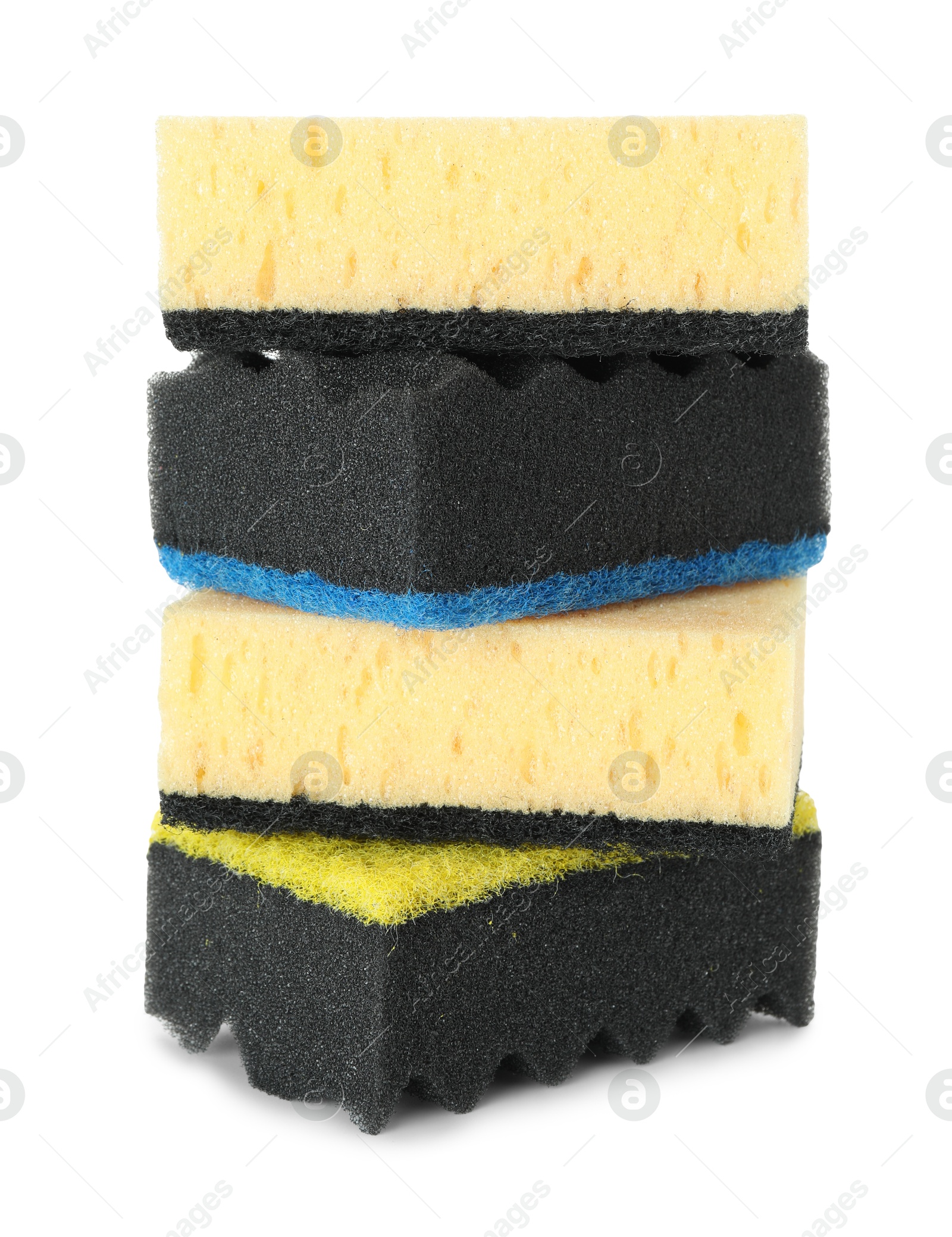 Photo of Different soft sponges isolated on white. Cleaning supply