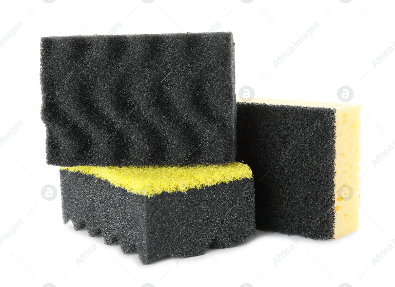 Photo of Different soft sponges isolated on white. Cleaning supply