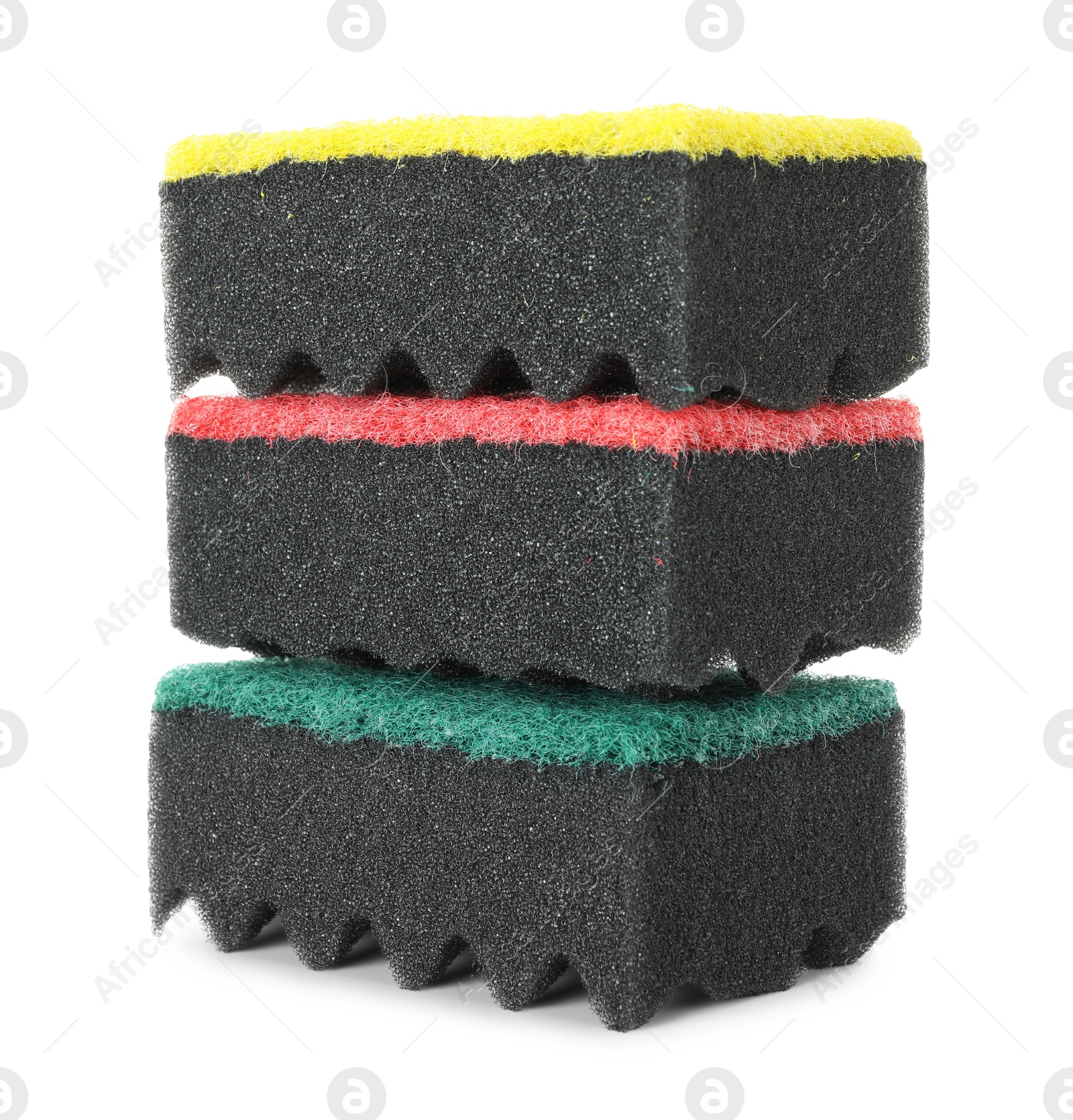 Photo of Different soft sponges isolated on white. Cleaning supply