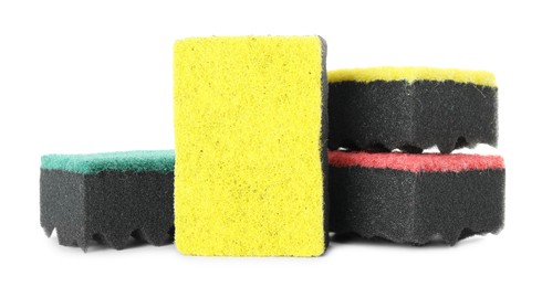 Photo of Different soft sponges isolated on white. Cleaning supply