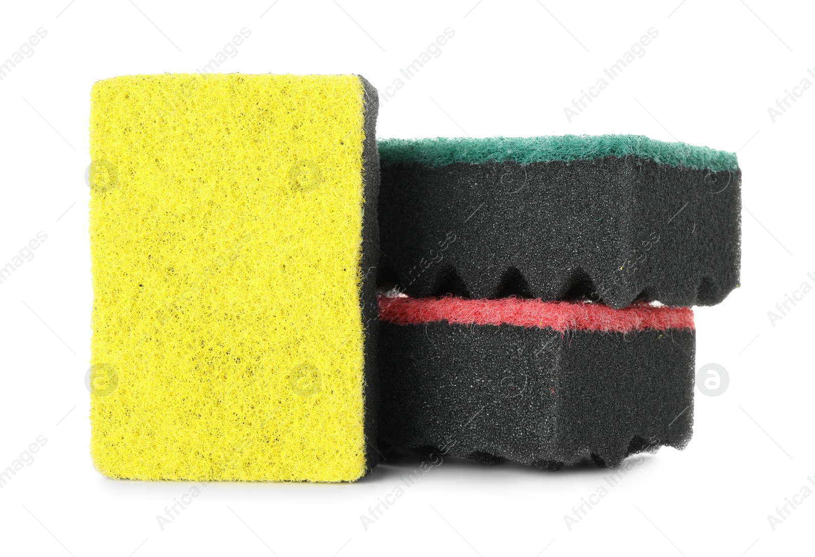 Photo of Different soft sponges isolated on white. Cleaning supply