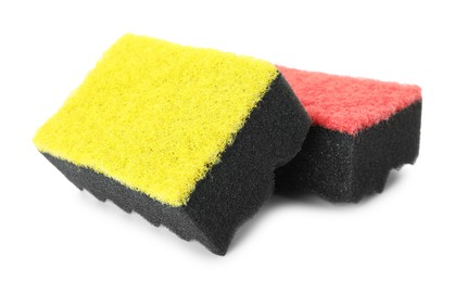 Photo of Two soft sponges isolated on white. Cleaning supply