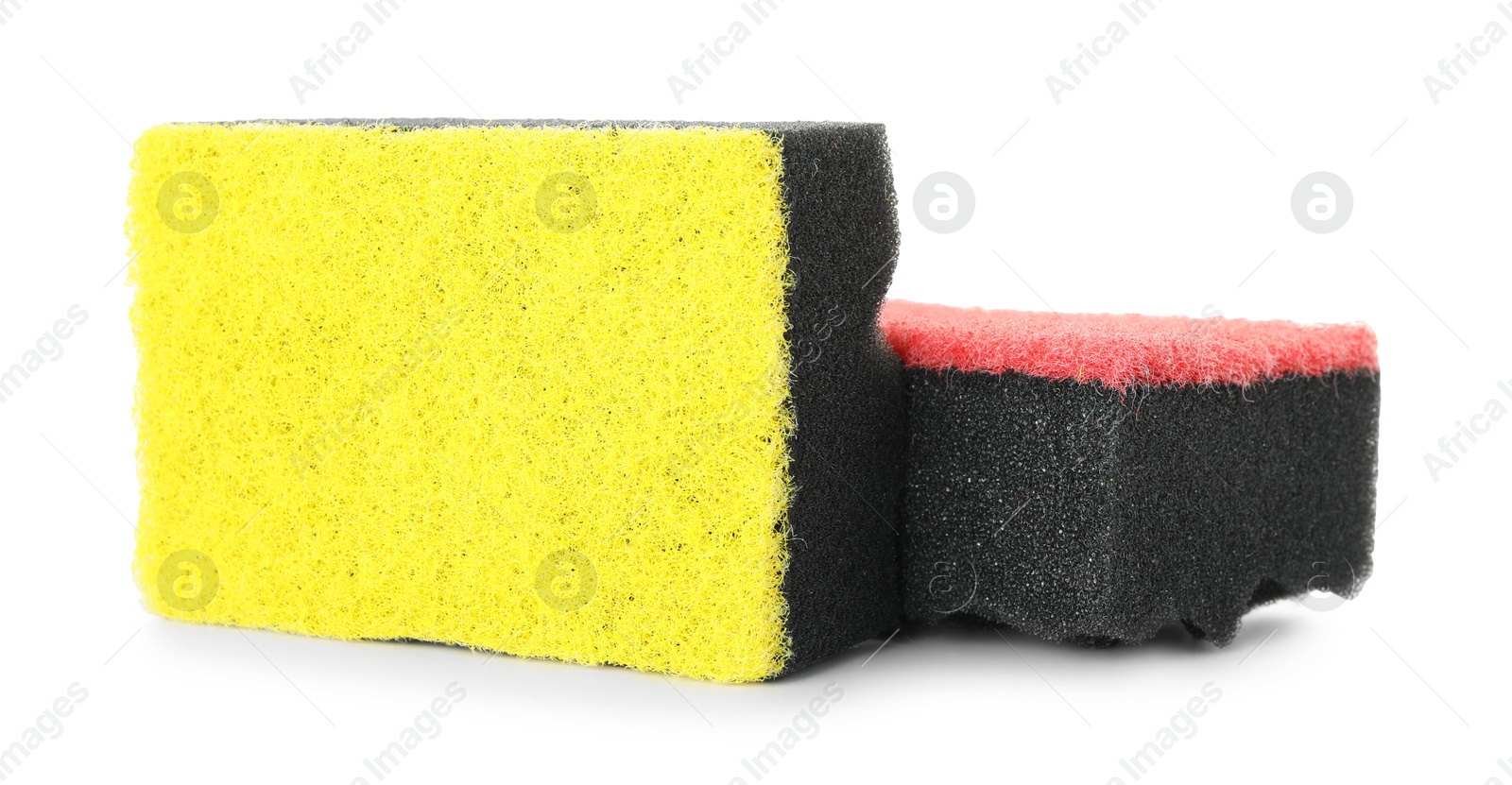 Photo of Two soft sponges isolated on white. Cleaning supply