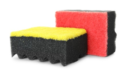 Photo of Two soft sponges isolated on white. Cleaning supply