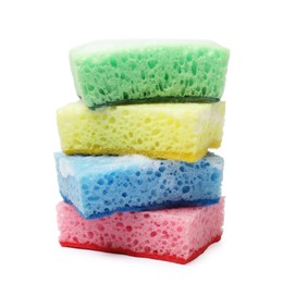 Photo of Stacked sponges and foam isolated on white. Cleaning tool