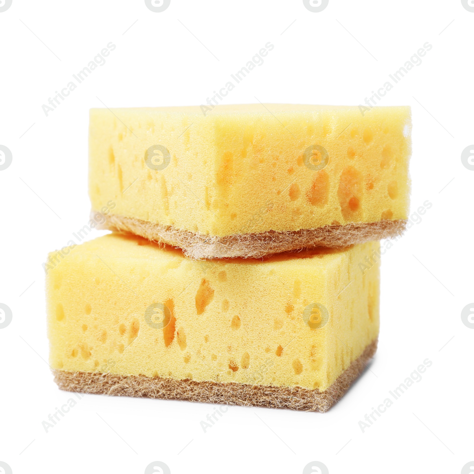 Photo of Yellow sponges isolated on white. Cleaning tool