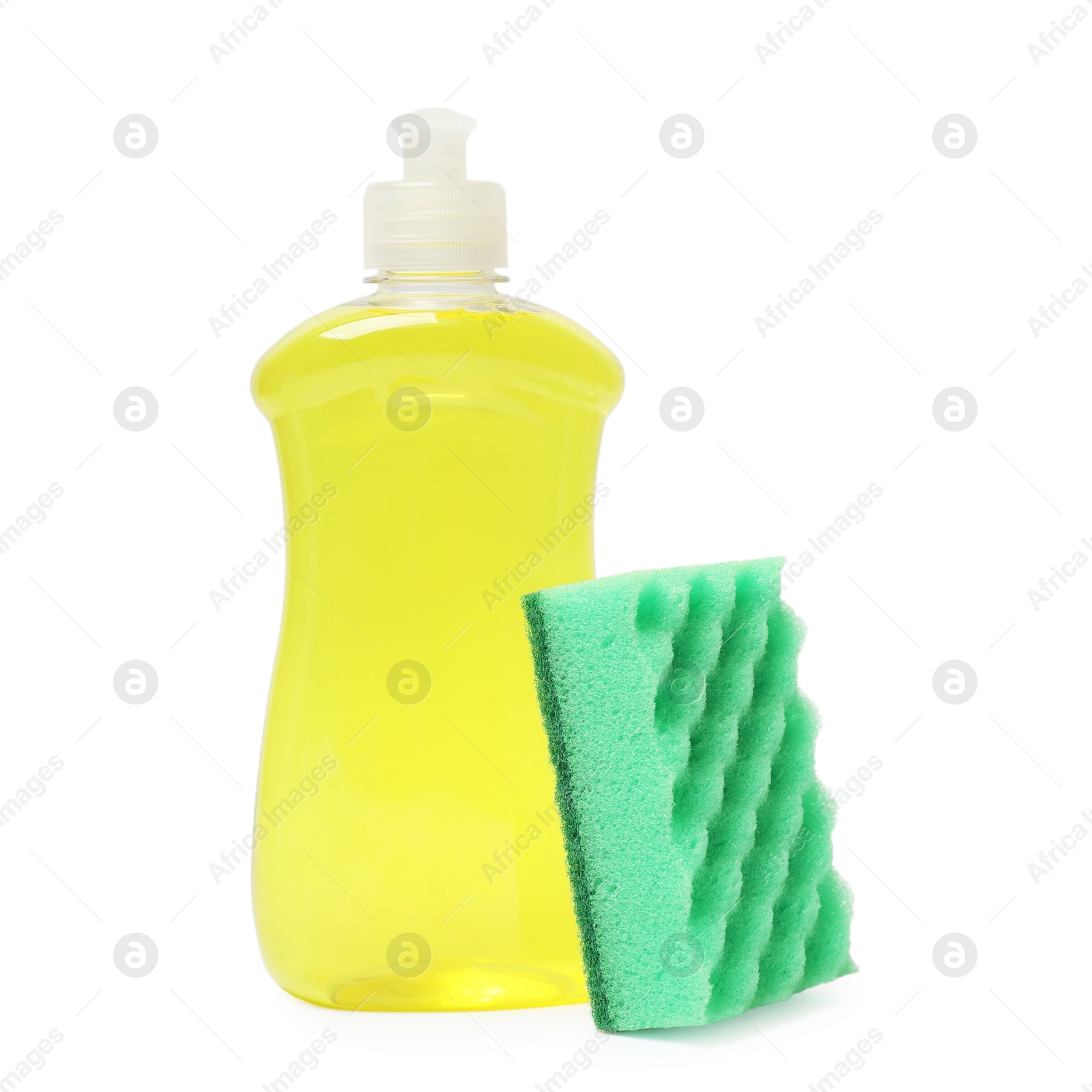 Photo of Sponge and bottle of dish soap isolated on white. Cleaning tool