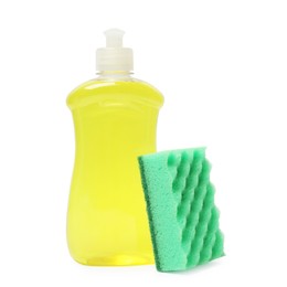 Photo of Sponge and bottle of dish soap isolated on white. Cleaning tool