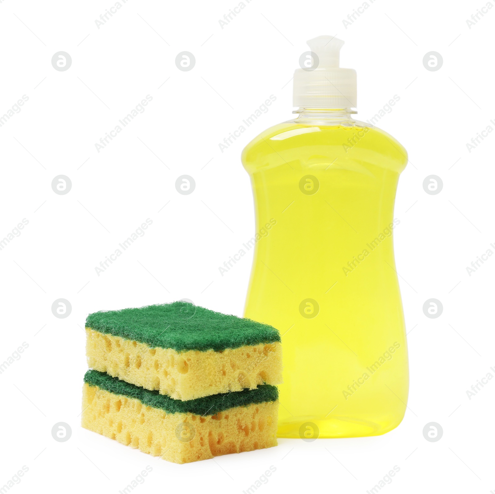 Photo of Sponges and bottle of dish soap isolated on white. Cleaning tool