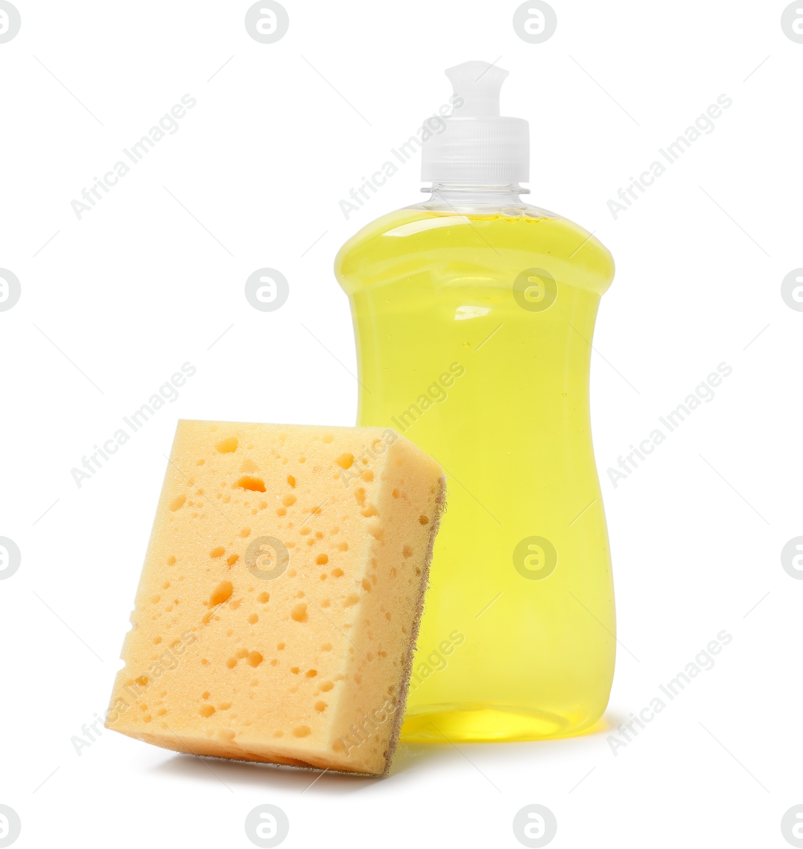 Photo of Sponge and bottle of dish soap isolated on white. Cleaning tool