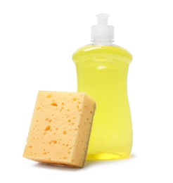 Photo of Sponge and bottle of dish soap isolated on white. Cleaning tool