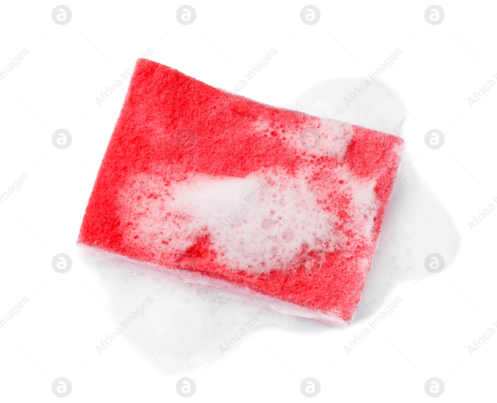 Photo of Pink sponge and foam isolated on white, top view. Cleaning tool