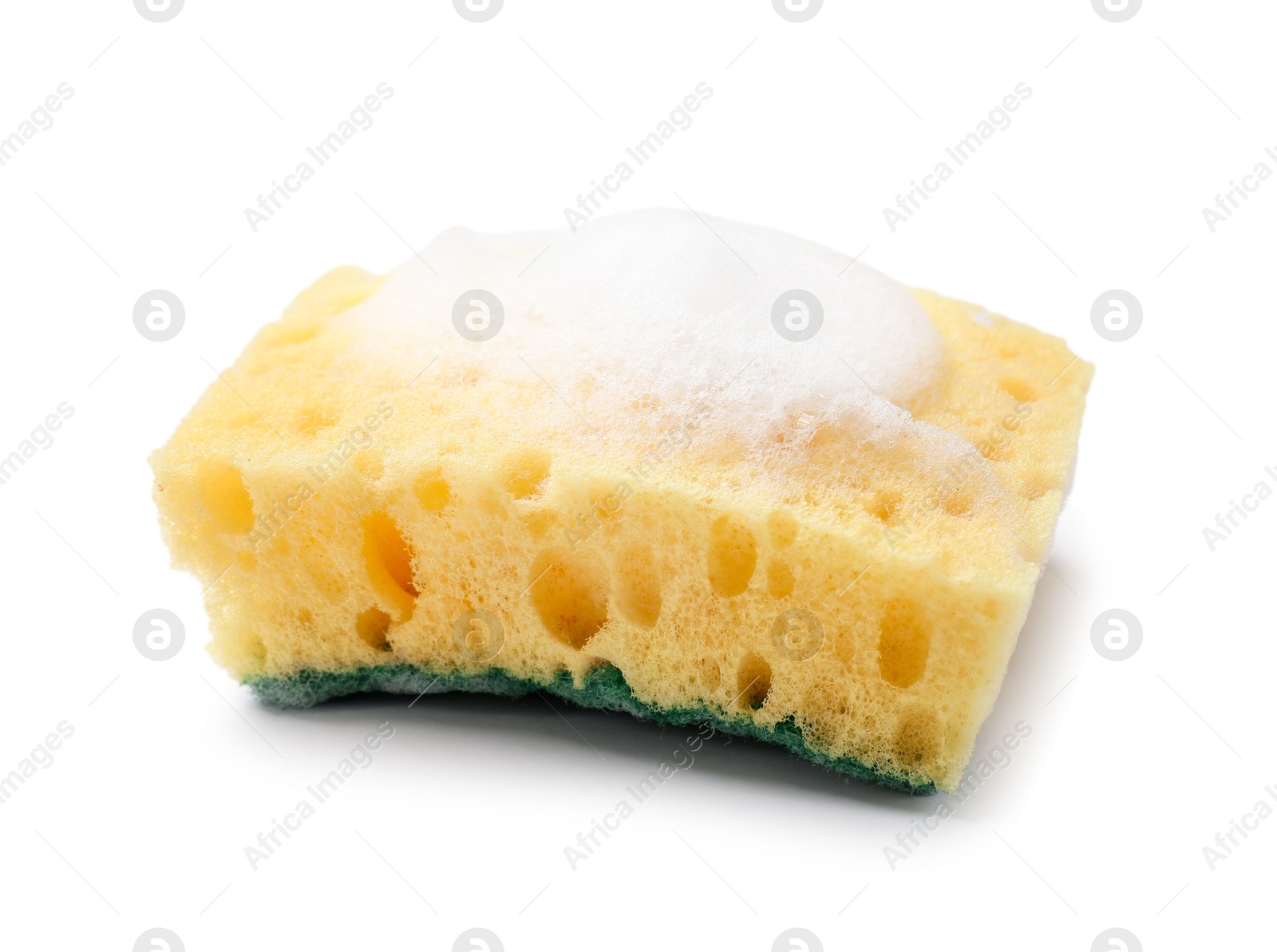 Photo of Yellow sponge and foam isolated on white. Cleaning tool