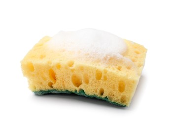 Photo of Yellow sponge and foam isolated on white. Cleaning tool