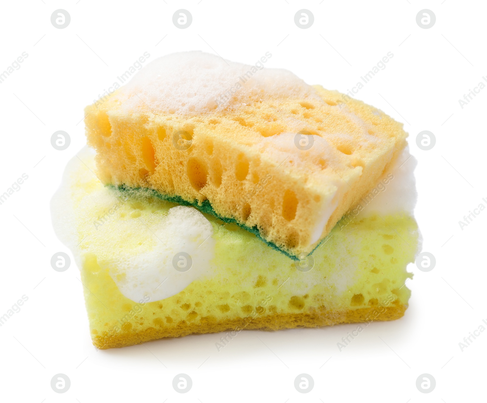 Photo of Yellow sponges and foam isolated on white. Cleaning tool