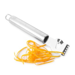 Photo of Fresh orange zest and zester tool isolated on white