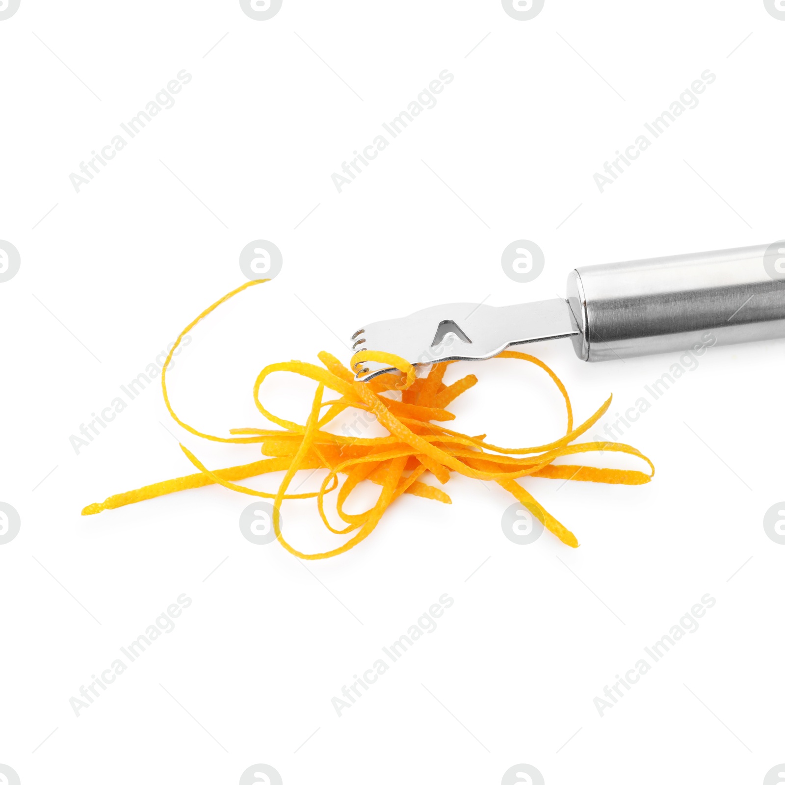 Photo of Fresh orange zest and zester tool isolated on white