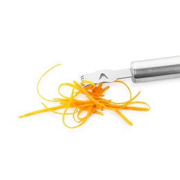 Photo of Fresh orange zest and zester tool isolated on white