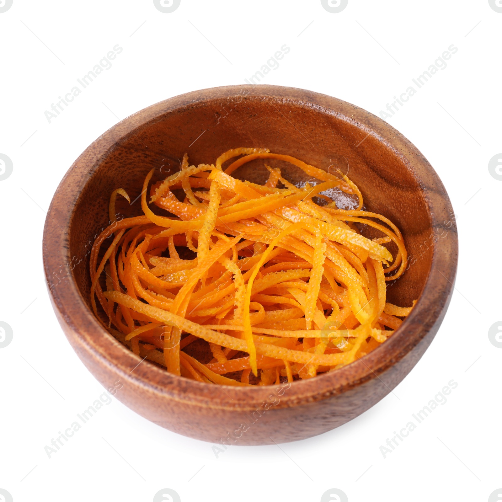 Photo of Fresh orange zest in bowl isolated on white