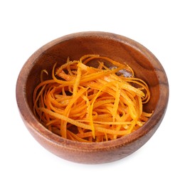 Fresh orange zest in bowl isolated on white