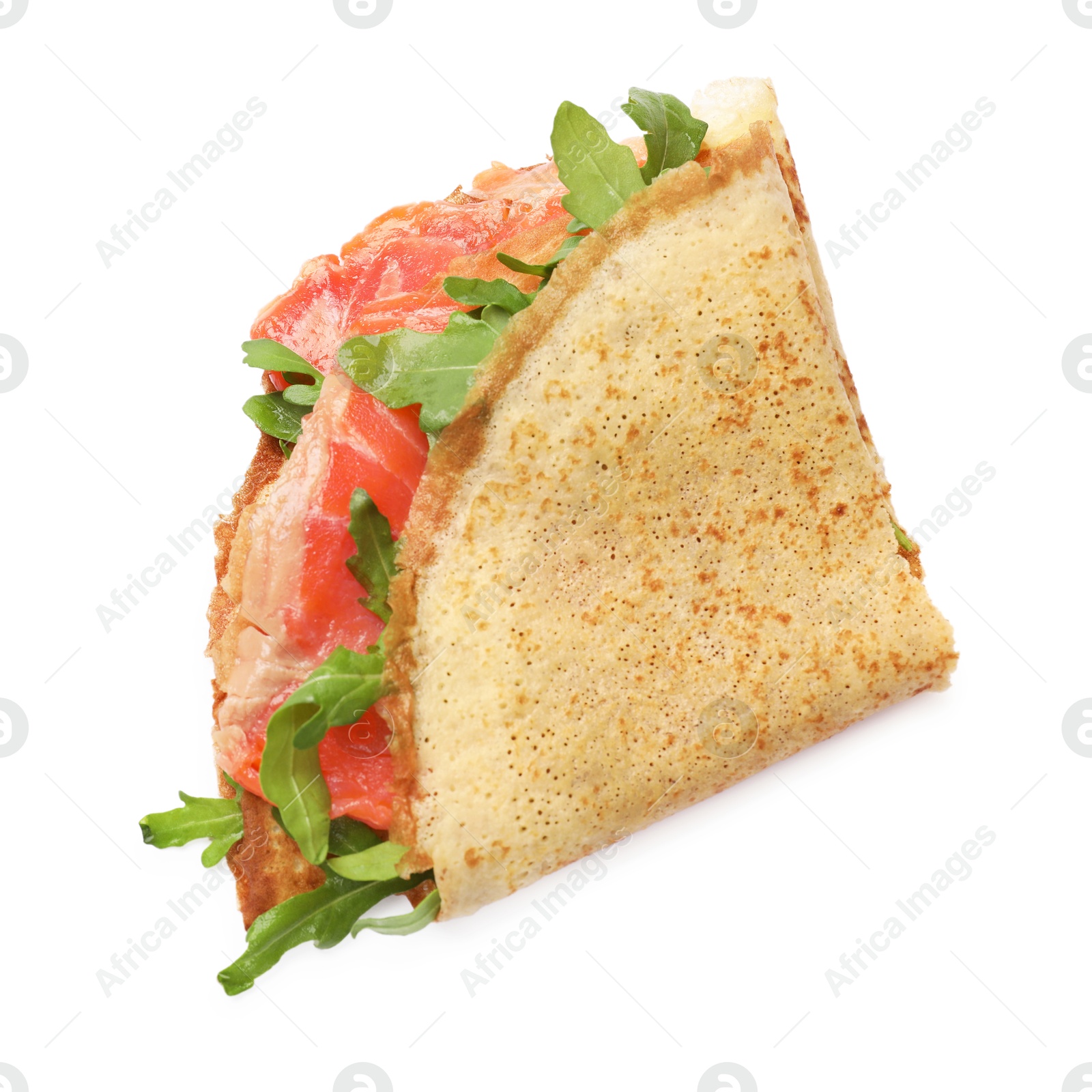 Photo of Delicious crepe with salmon and arugula isolated on white, top view