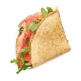 Photo of Delicious crepe with salmon and arugula isolated on white, top view