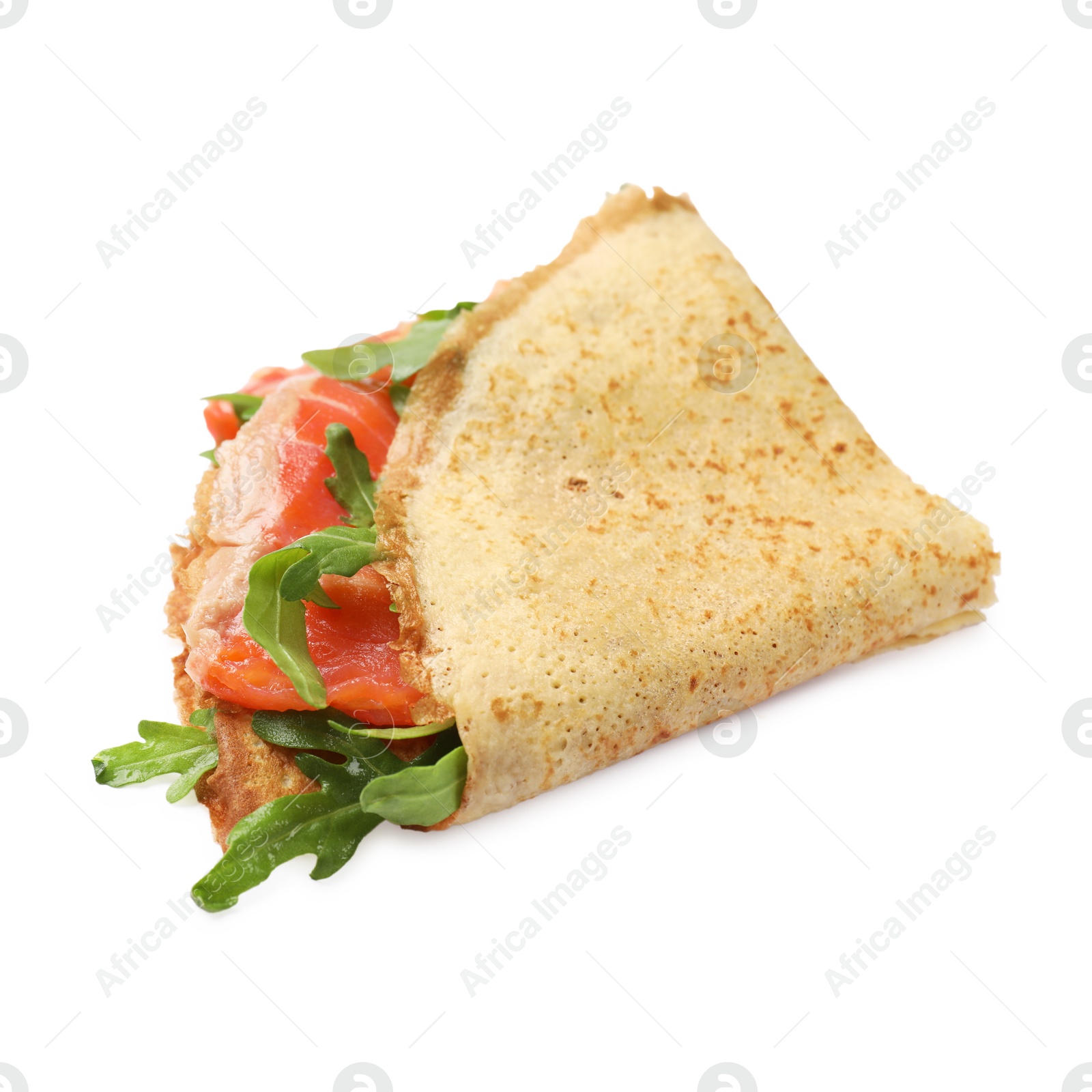 Photo of Delicious crepe with salmon and arugula isolated on white