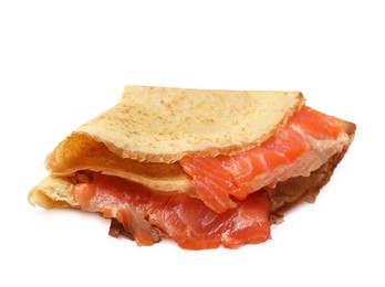 Photo of Delicious crepes with salmon isolated on white