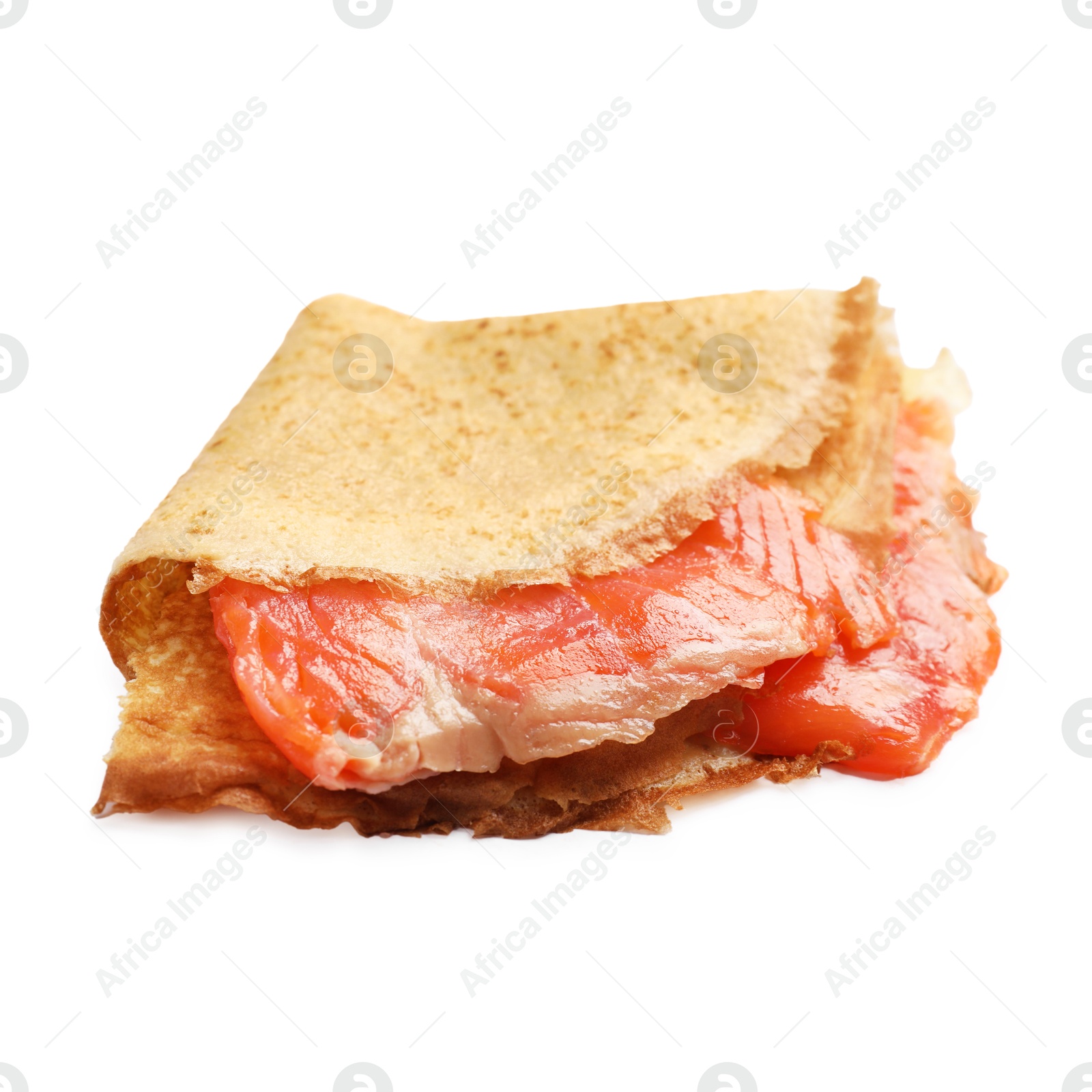 Photo of Delicious crepes with salmon isolated on white