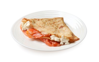 Photo of Delicious crepe with salmon and cream cheese isolated on white