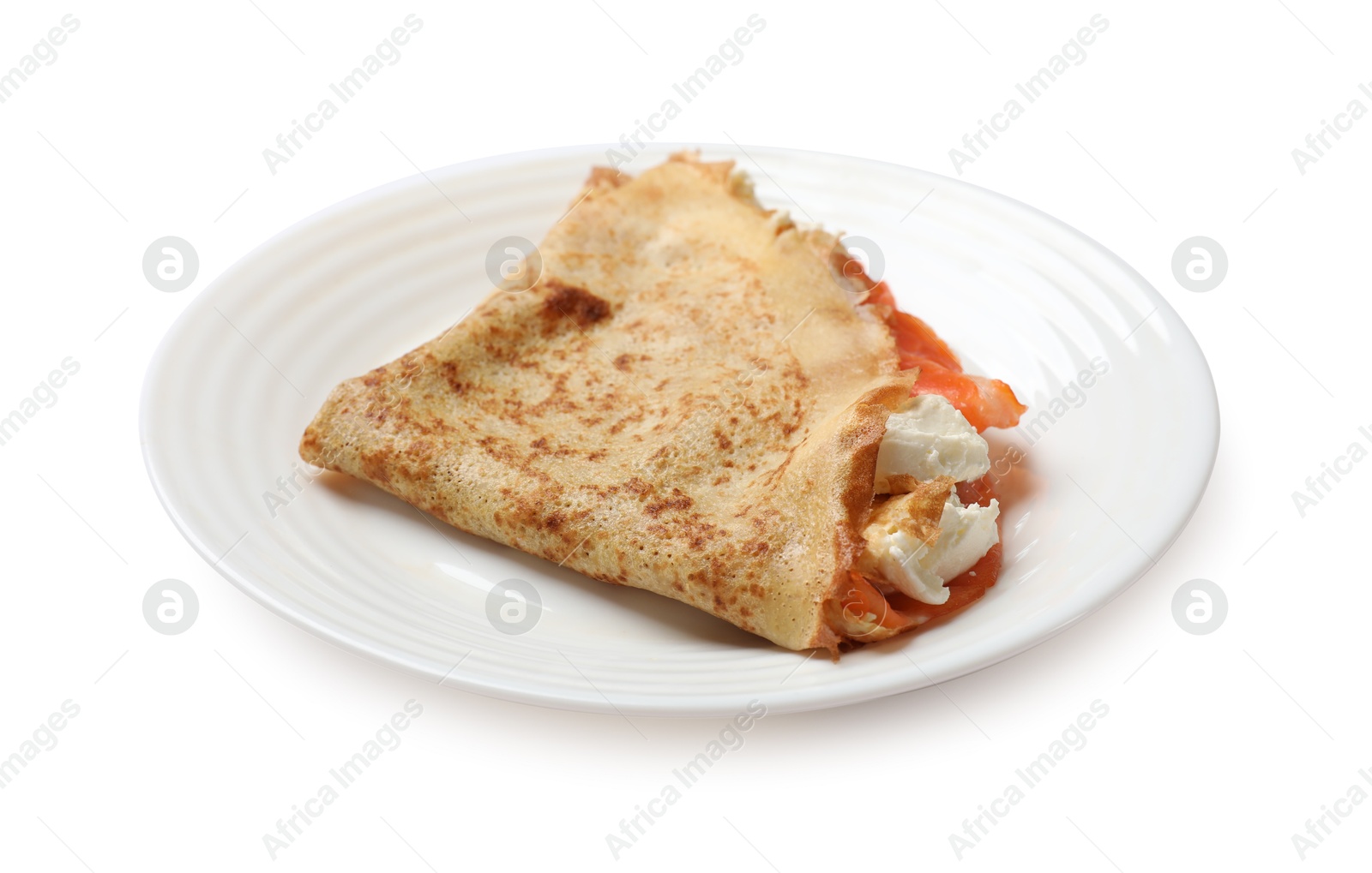 Photo of Delicious crepe with salmon and cream cheese isolated on white