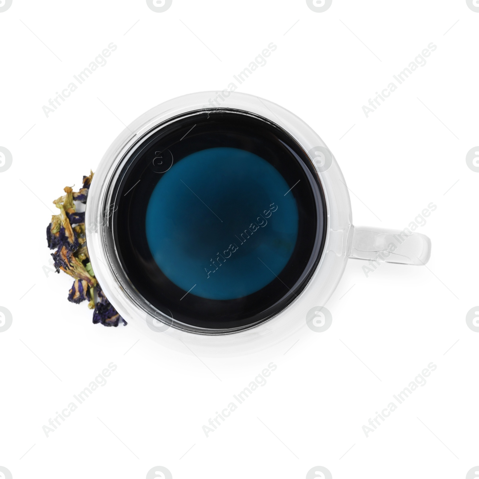 Delicious butterfly pea flower tea isolated on white, top view Photo of Delicious butterfly pea flower tea isolated on white, top view