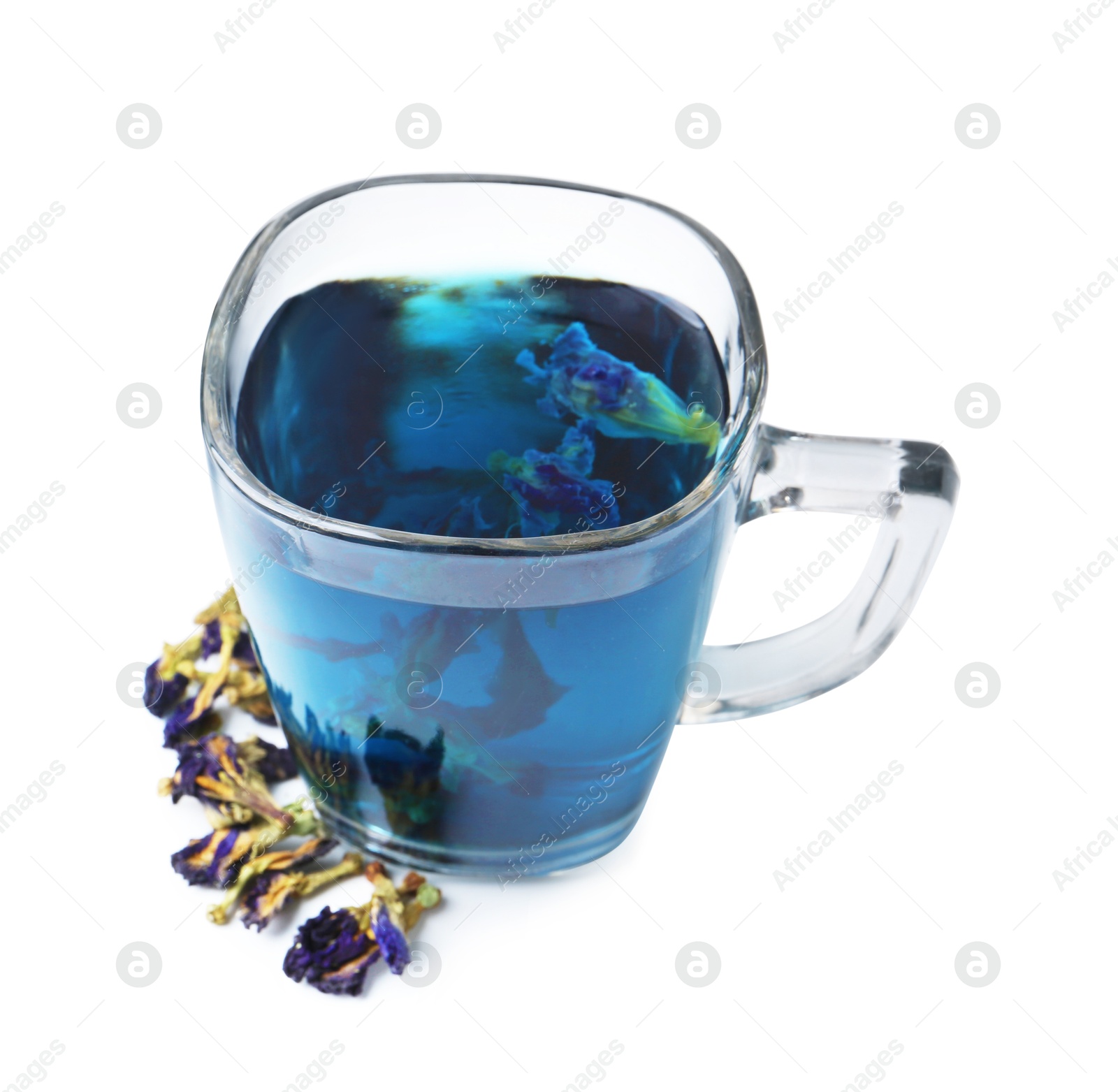 Delicious butterfly pea flower tea isolated on white Photo of Delicious butterfly pea flower tea isolated on white