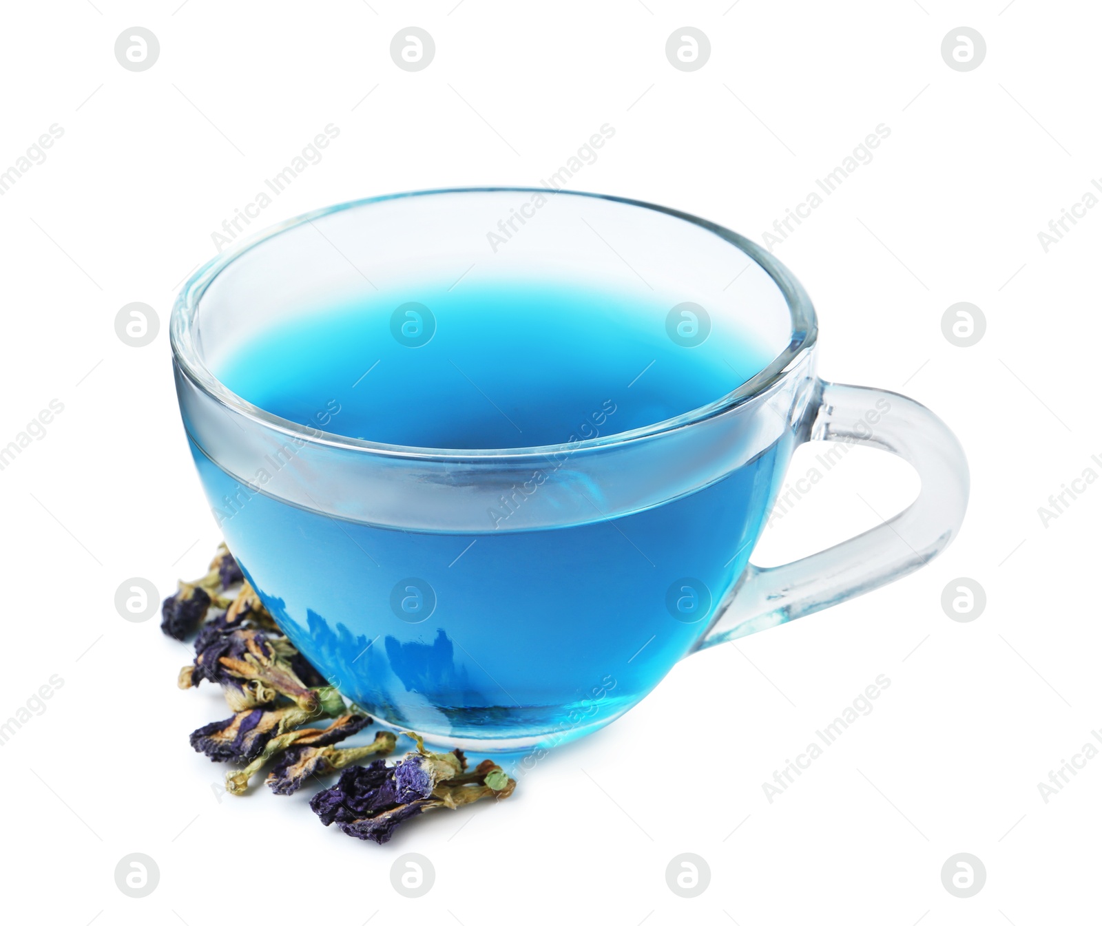 Delicious butterfly pea flower tea isolated on white Photo of Delicious butterfly pea flower tea isolated on white