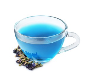 Photo of Delicious butterfly pea flower tea isolated on white