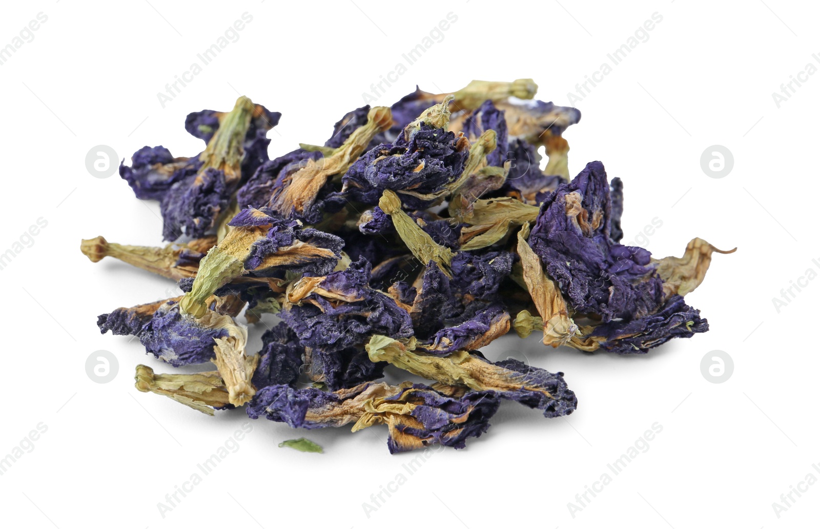 Pile of butterfly pea flower tea isolated on white Photo of Pile of butterfly pea flower tea isolated on white