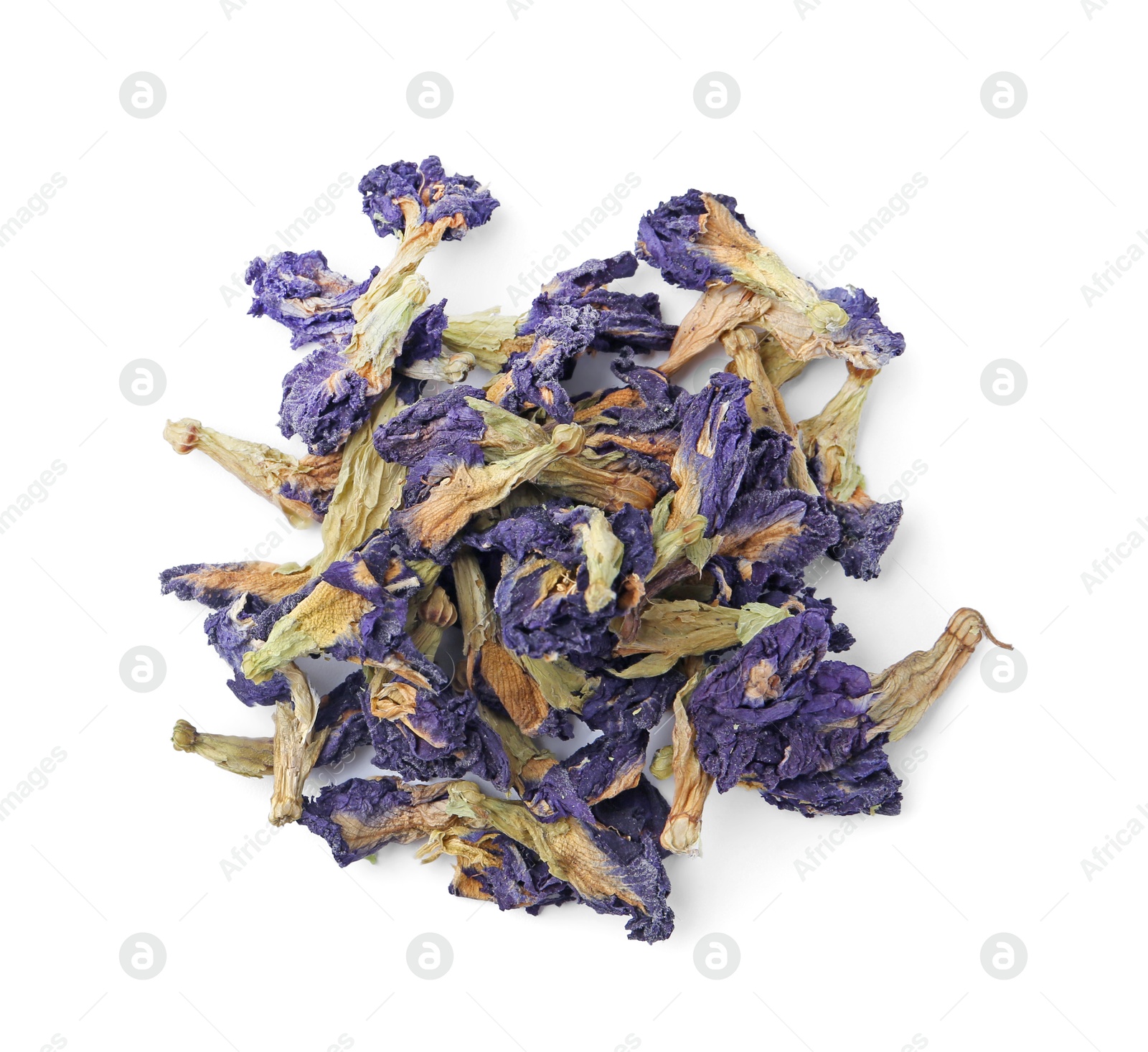 Pile of butterfly pea flower tea isolated on white, top view Photo of Pile of butterfly pea flower tea isolated on white, top view