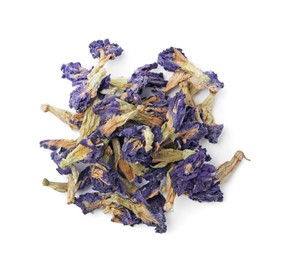 Photo of Pile of butterfly pea flower tea isolated on white, top view