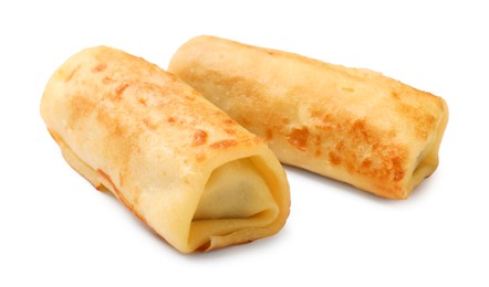 Photo of Two delicious rolled crepes isolated on white