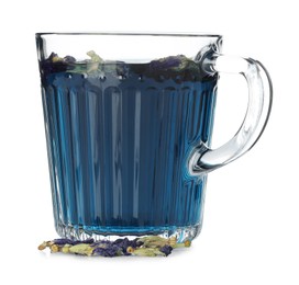 Photo of Fresh butterfly pea flower tea in cup and dry petals isolated on white