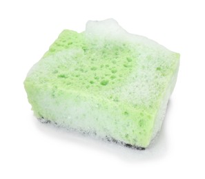 Photo of One green sponge with foam isolated on white