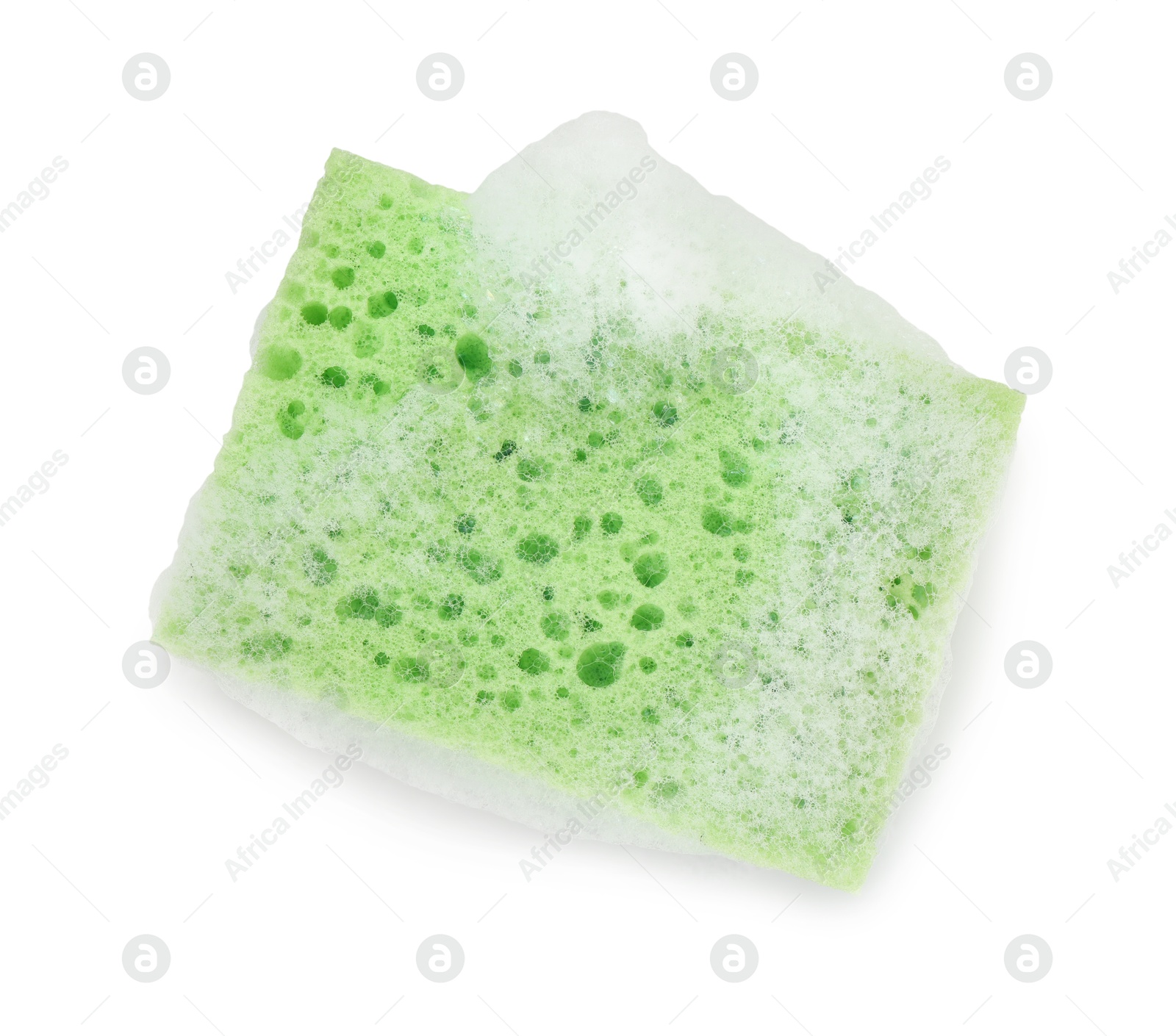 Photo of One green sponge with foam isolated on white, top view