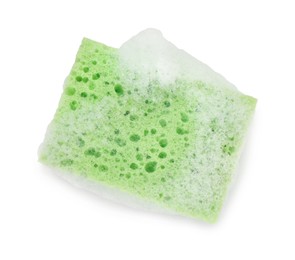 Photo of One green sponge with foam isolated on white, top view