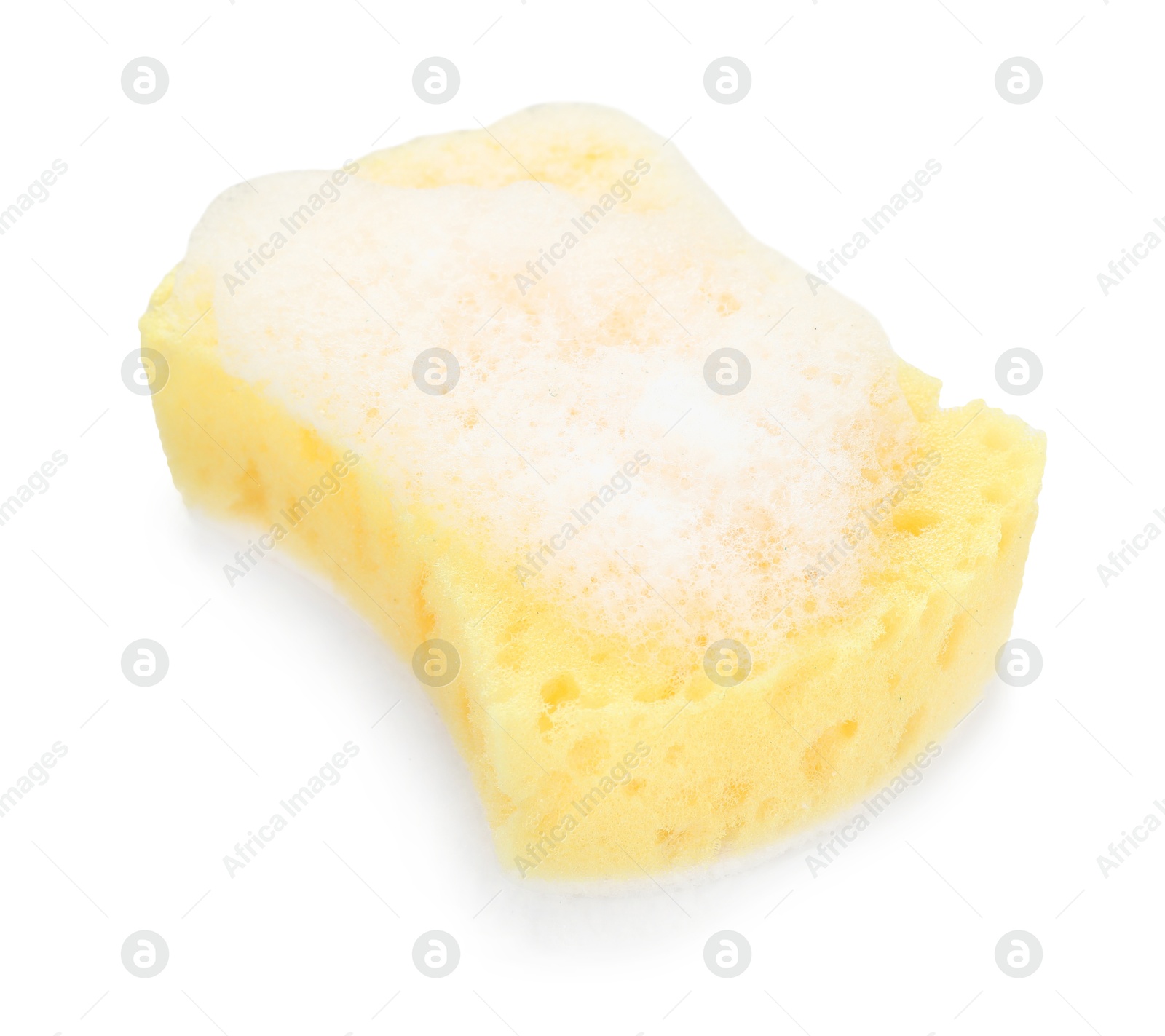 Photo of One yellow sponge with foam isolated on white